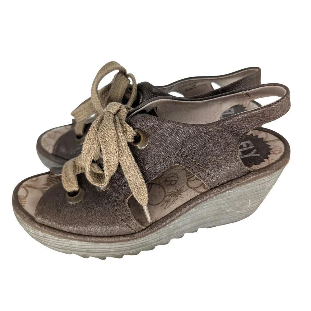 Fly London Ylfa Wedge Sandals 37 Brown Leather Lace Up Platform Boho Minimalist